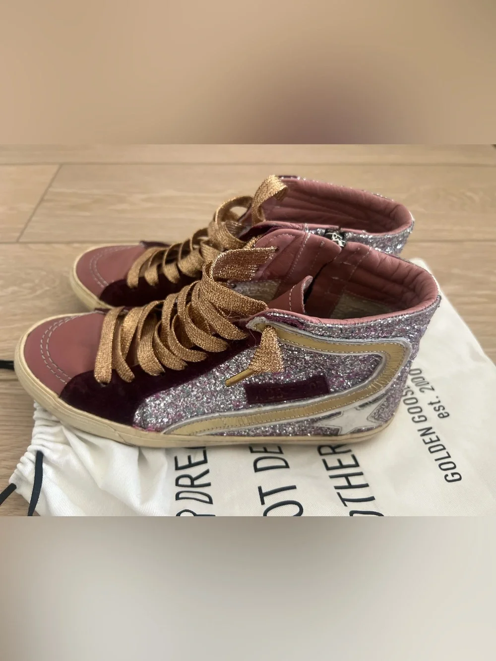 Golden goose glitter slides pink gold burgundy size 40